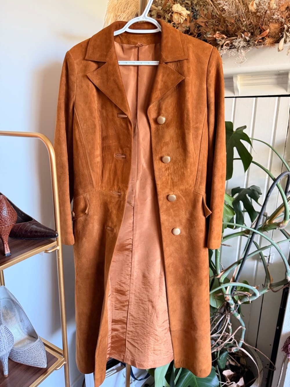 Women’s Suede Long Coat in Cognac Brown